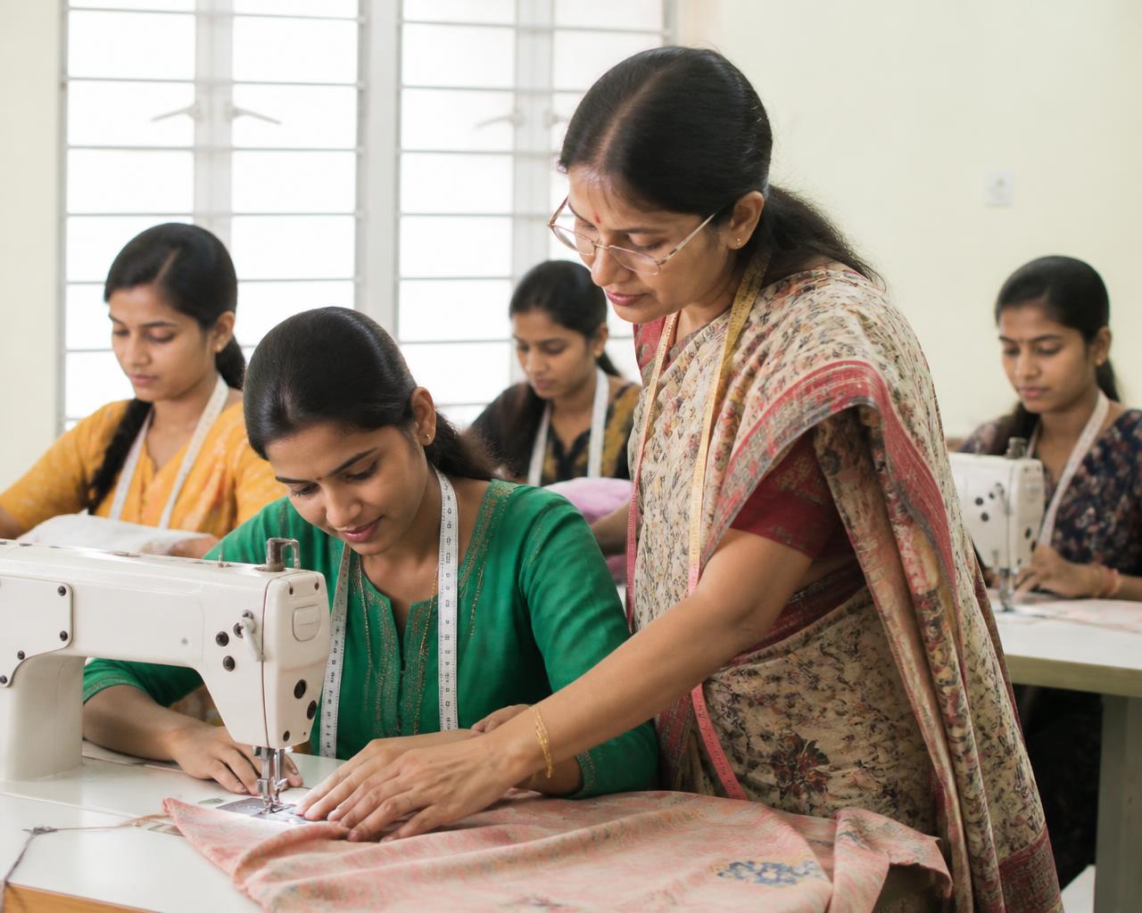 Teacher guiding students at sewing machines at Grace